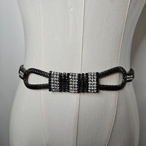 Luxury Dressy OS Black & Silver Crystal Rhinestone Beaded Chain Rope Belt - Picture 1 of 11
